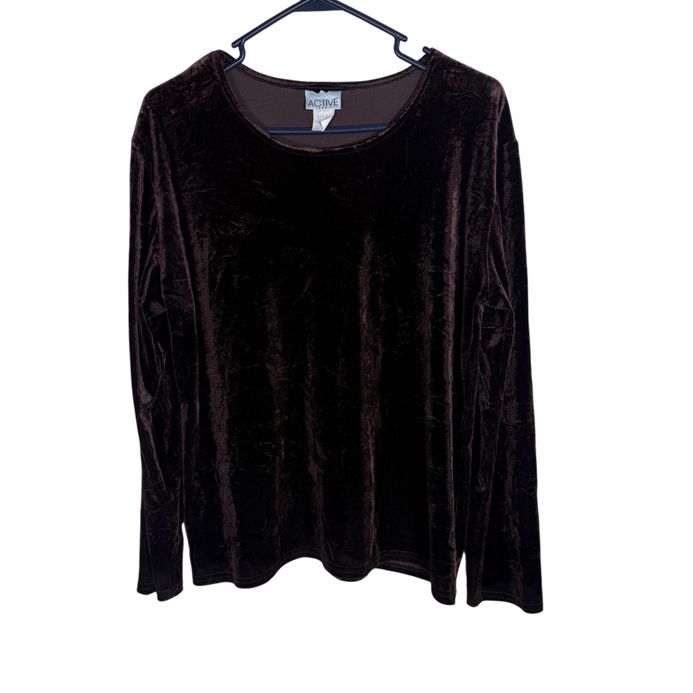 Active USA Women 2XL Dark Brown Crushed Velvet Long Sleeve Scoop Neck Top